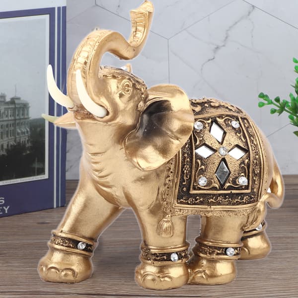 Gylden elegant statuefigur med opadvendt snabel, samleobjekt, boligindretning (14*15cm)