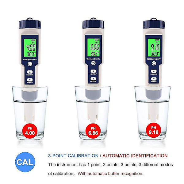 5-i-1 Elektronisk pH-mätare, Mät pH & TDS & EC Salthalt & Temperatur Vattenkvalitetstestare, LCD-display och Läsnoggrannhet-B