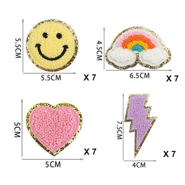 28 Stycken Chenille Regnbåge Stryk på Märken Smiley Blixt Stjärna Sy på Märken Kärlekshjärta