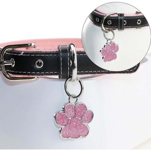 Anpassad rostfritt stål Rhinestone Paw Print ID-tagg för små katter och hundar med upp till 4 rader graverad text (rosa)