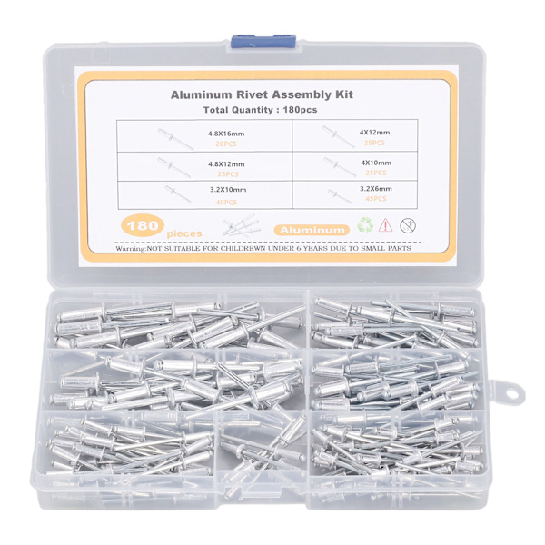180 stk. blindnitteflange aluminiumslegering 6 størrelser assorteret sæt til forbindelse
