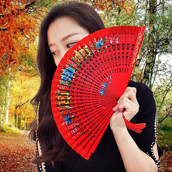 Blomsterdesign Spansk Foldbar Fan til Kvinder - Dobbeltsidet, Gypsy Stil Håndfan til Dans, Festivaler og Gaver (Rød)