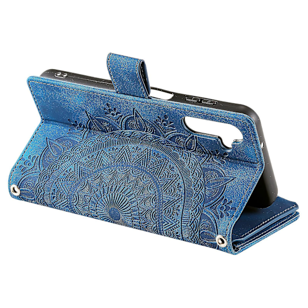 För Samsung Galaxy A54 5G PU Läder Mandala Blomma Präglad Handväska Blixtlåsficka Fodral Ställ Flera Kortplatser Flipskydd med Rem-B6 Blå