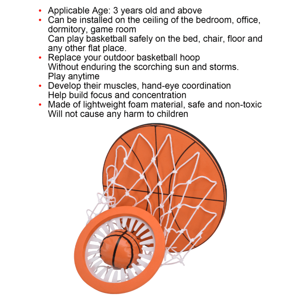 Mini basketbågeleksaksspel - takmonterad inomhus med nät och ryggbräda - för barn 3+ år gamla