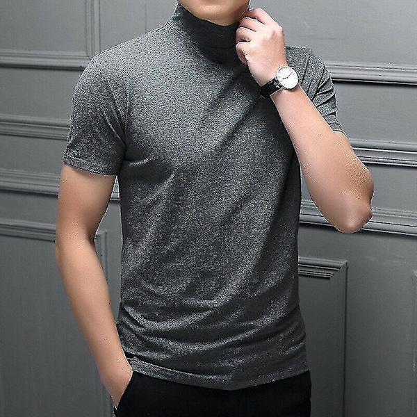 Herre Mode Casual Turtleneck Kortærmet Slim Fit T-shirt Undershirt - Mørkegrå