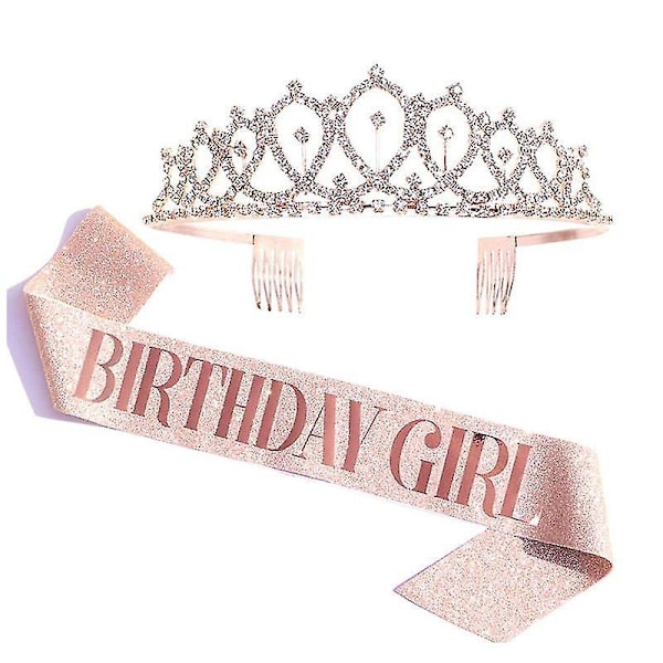 Födelsedagstiara för flickor, glitterkrona med bälte för födelsedag, tiara för kvinnor födelsedagsdrottning med \"Birthday Girl\"-skärp