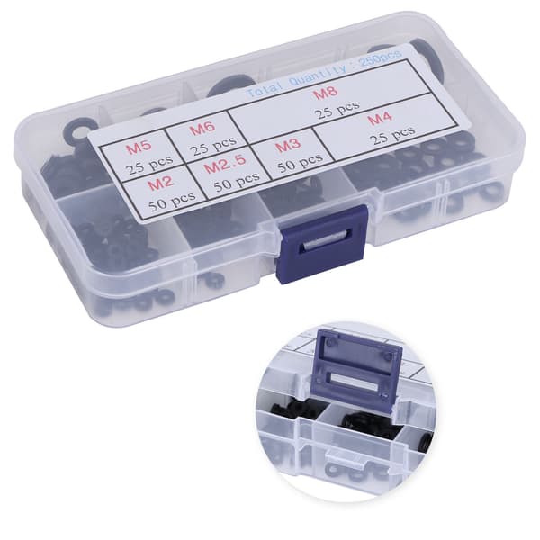 250 st packning set nylon platt bricka sortiment kit M2 M2.5 M3 M4 M5 M6 M8 svart