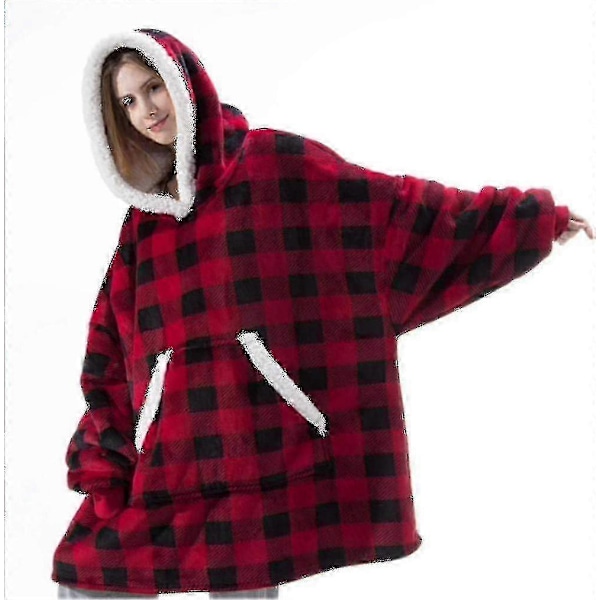 Blanket Sweatshirt Oversized Hoodie Bærbar Blanket Blød Varm Komfortabel Kæmpe Frontlomme - Ny SZJR Rød og sort tern