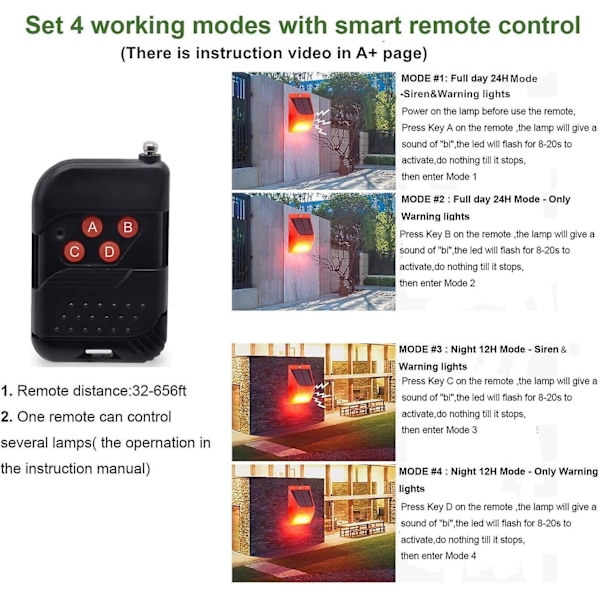 Solcelled Utendørs Bevegelsessensor Alarm 129dB Sirene med Blitslys og Fjernkontroll 4 Moduser for Uønskede Inntrengere