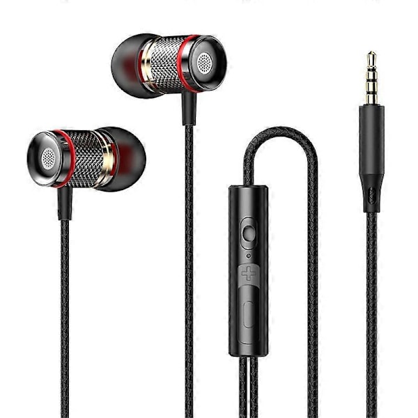 Hovedtelefoner med høj lydkvalitet, kablede in-ear hovedtelefoner, øretelefoner med mikrofon og støjreduktion, headset med surround sound 3,5 mm jackstik - Sort Rød