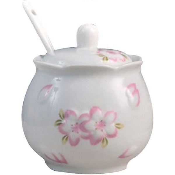 Keramisk sukkerskål med låg og skeer, porcelæns krydderibeholdere, krydderikrukke, saltbeholder