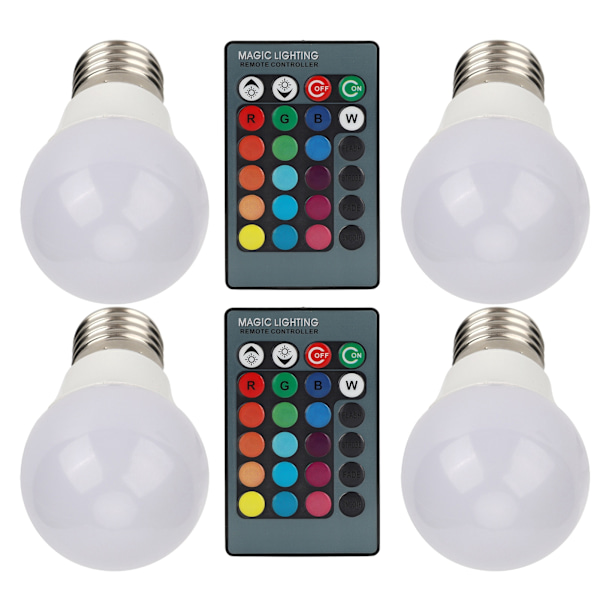 4 stk. E27 RGB LED-pærer Farverige dekorationslamper med 2 fjernbetjeninger 3W AC85-265V