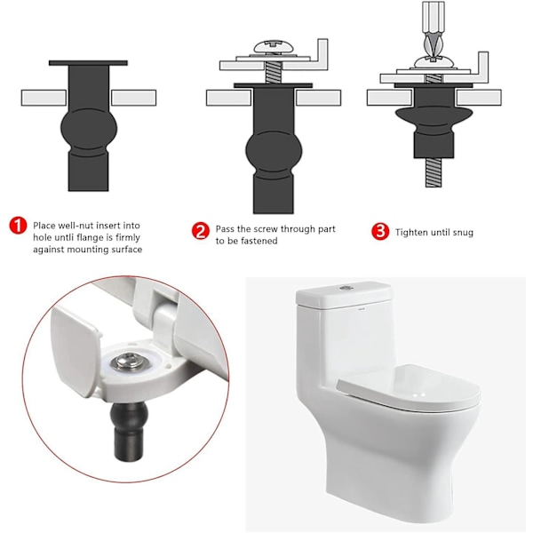 3 paria WC-istuimen kiinnityssaranoita, liukuvat WC-istuimen kiinnityssarjan ruuvit, WC-istuimen kiinnitysreunuksen ruuvit, 3 kokoa