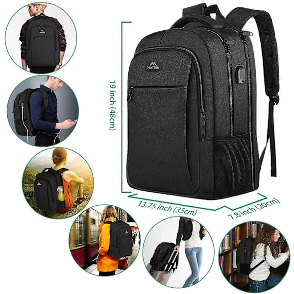 Reseryggsäck för Laptop, Lättviktsväska för Arbete med USB-laddningsport, Stöldskyddande Affärsryggsäck för Män och Kvinnor, Passar 15,6 Tums Laptop - Svart