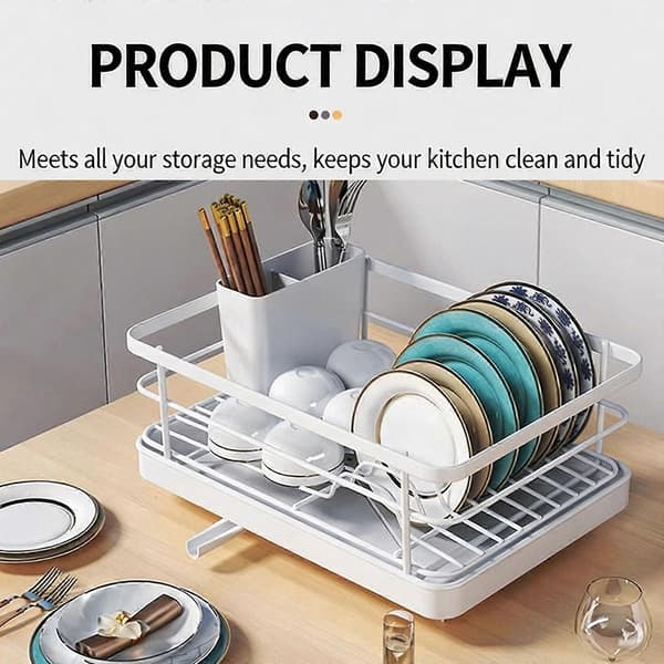 Elegant Kitchen Dish Drying Rack with Cutlery Storage, Carbon Steel Drying Rack with Removable Drain Base, White White