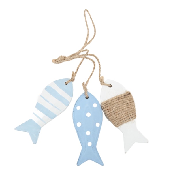 Antik udskåret nautisk fyrretræ hængende fisk - sæt med 3 hvide små fisk med plet krusning - marin stil træfisk dekoration