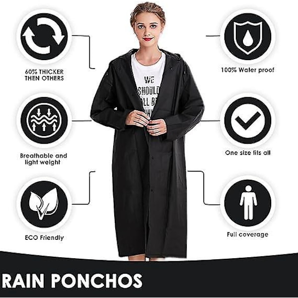 Poncho, 2 stk. sort genanvendelig regnslag poncho, regn poncho til mænd og kvinder, voksen regnslag med hætte vandreture camping regntilbehør