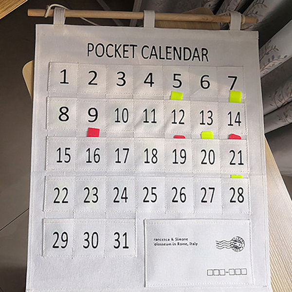Numrerad kalenderficka i bomull och linne, morgoncheckficka, klassrumspåse, kalender, väggorganisatör, liten, 48 fickor