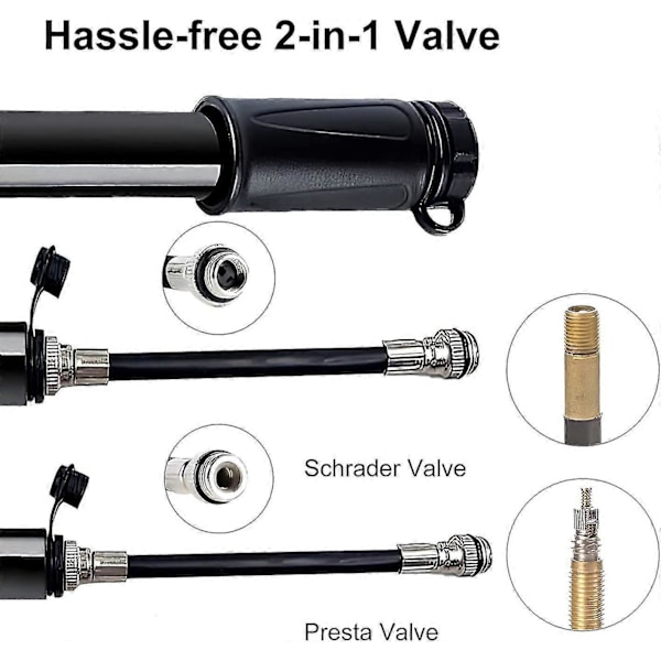 Sykkelpumpe, bærbar mini sykkeldekkpumpe i aluminiumslegering leveres med ballpumpe-nål og rammefeste / Sykkelpumpe passer Schrader og Presta ventilpumpe
