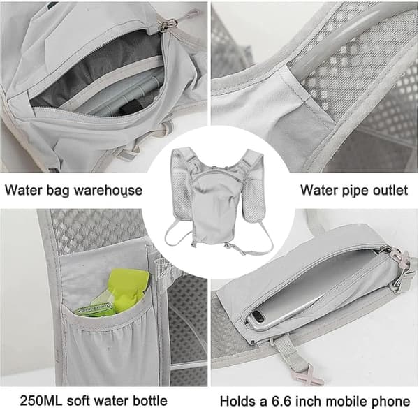 Universal, breathable, ultralight, adjustable running vest backpack with phone pocket; unisex.