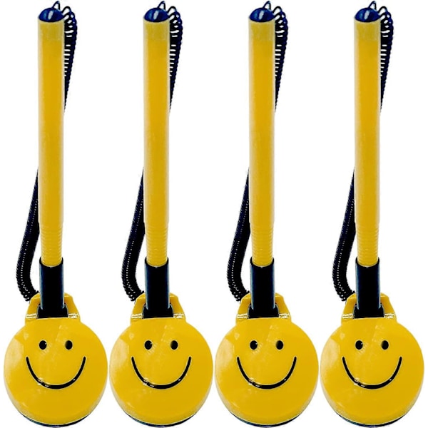 4 Sikre Skrankepenner med Plastiksikkerhedswire Fastgjort til Selvklæbende Penneholder med Smiley-design