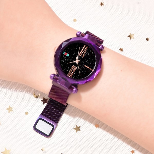 Modelegering Mesh Bältesrem Quartz Watch Starry Sky Urtavla Mönster Watch (lila)