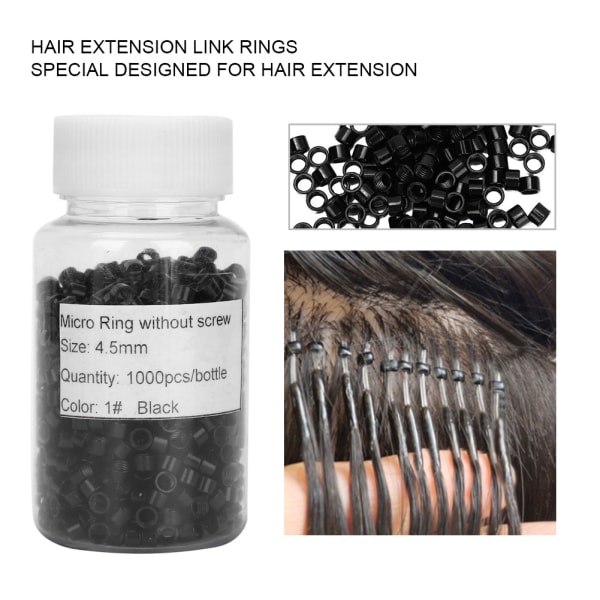 1000 stk Aluminium Micro Links Ringer Perler Skrue Micro Rings Hair Extension Tool Black