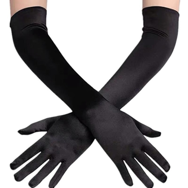 Svarta extra långa satinhandskar, glänsande popstjärneaccessoar för karneval, mardi gras-temafest, 5 par
