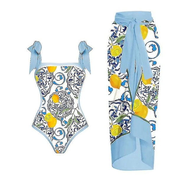 Vintage One Piece Badkläder - Dam Konservativ Hot Spring Set [Fri Frakt] XL Y118 Blå Citron Set
