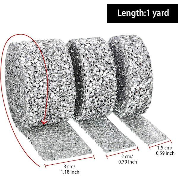 Kristall Strassband Självhäftande - 3 Yards Diamant Bling Band Rulle - 3 Rullar i 3 Storlekar Silver