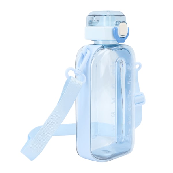 Flat vannflaske 750ml PC klar lekkasjesikker bærbar slank sportsvannflaske med skala og bære stropp for reise gym camping blå