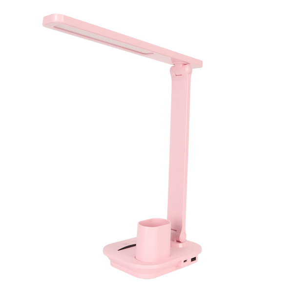 LED-bordslampa 5W ögonvänlig uppladdningsbar 3 färgtemperaturer steglös dimbar USB-lampa med pennhållare rosa