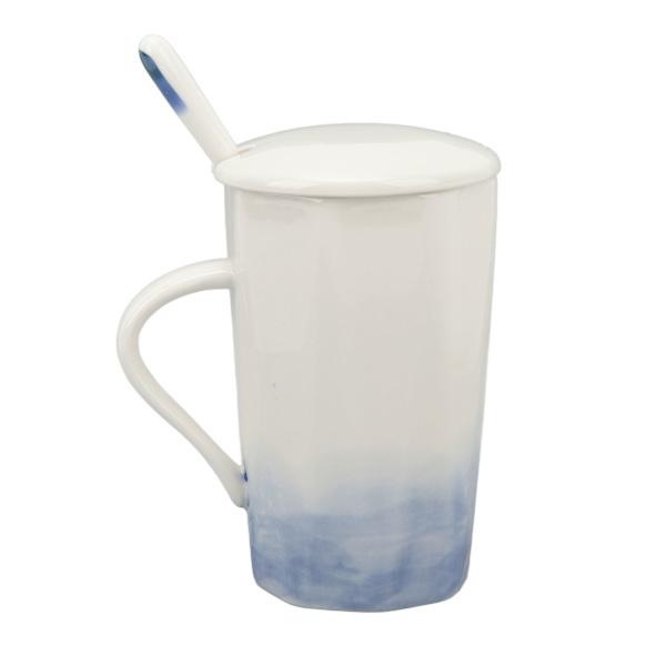 400 ml keramisk krus med blækmalingsstil - kaffekrus i keramik med ske og låg til hjemmet/kontoret - blå