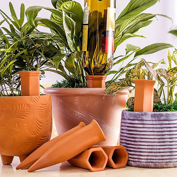 Vanningskjegle i leire, sett med 4 vanningsutstyr for vanning av potteplanter, 4,8*17,4 cm