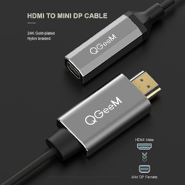 Qgeem HDMI Single Til Mini Dp Konverter Adapter Kabel UHD 4K@30hz Plug-E