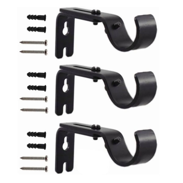 3PCS Adjustable Curtain Rod Wall Bracket Hooks Iron Single Rod Bracket Holder for Wall Mounted Curtain Black