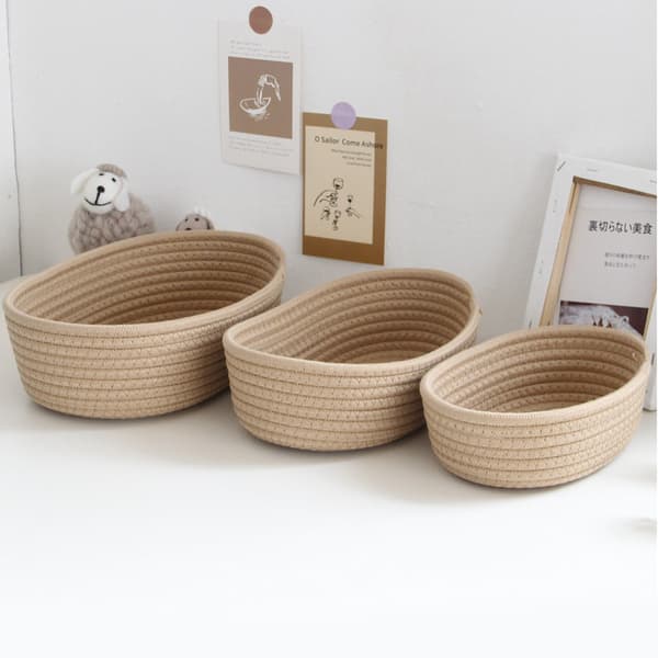 3 st skrivbordsförvaringskorg oval organizer bomullsrep handvävd för smink snacks khaki