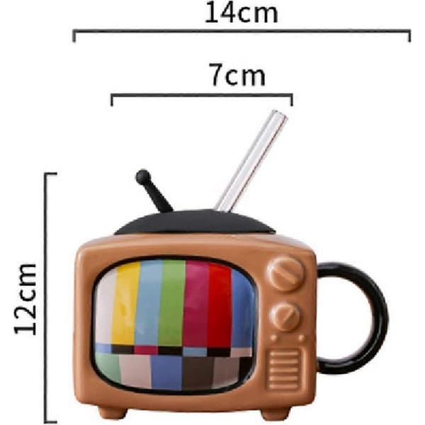 Firkantet keramisk kaffekopsæt med sugerør og retro-tv - Lysegrå