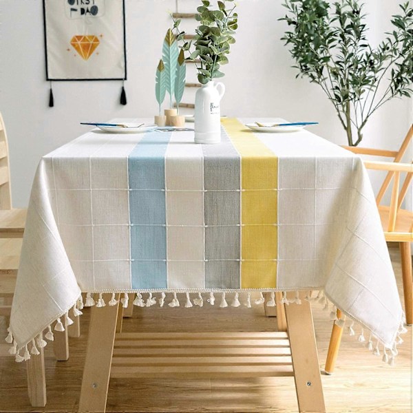 Rektangulär bordsduk i bomull och linne, enfärgad rutig broderi tofs bomull linne bordsöverdrag för kök matbord dekoration (140x180cm, Blå/Y