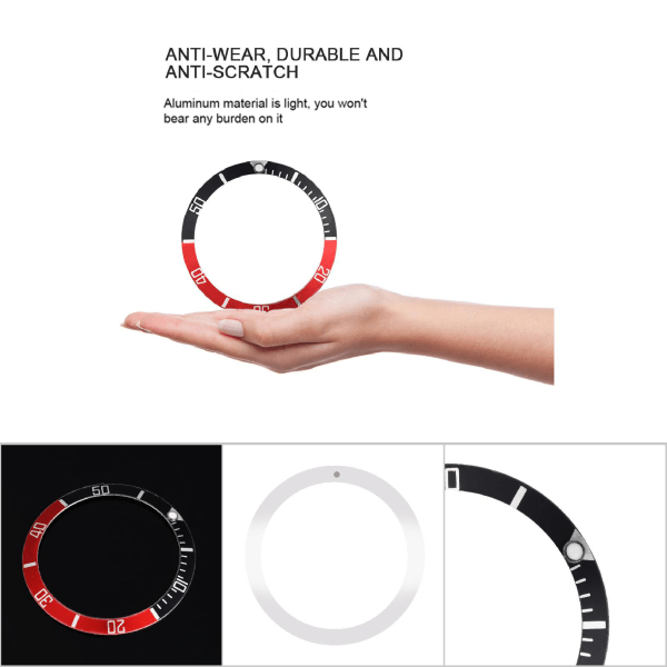 Klokke Armbåndsur Aluminiumsmateriale Sløyferamme-innsatsring Erstatningsdel (svart rød)