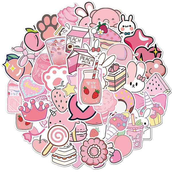 Vinyldekaler med 50-pack söta tecknade djur och rosa tecknad flicka för bärbar dator, telefon, vattenflaskor och dator - Stort set