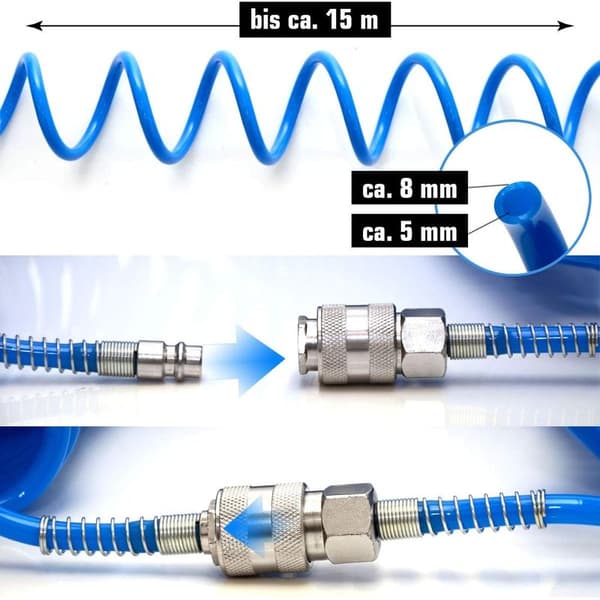 Beijiyi – 15m spiralslange til trykluft – 8mm diameter – 10 bar tryk – 1/4 tomme lynkobling – Fleksibel og slagfast