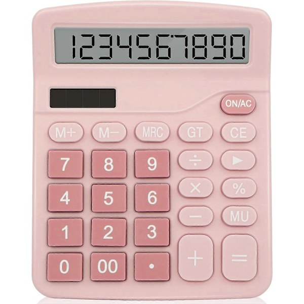 12-cifret solcelledrevet bordregner, kontorregner med stort LCD-display og store knapper, dobbelt strømforsynet bordregner (Pink)