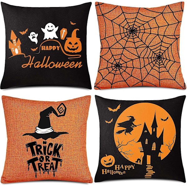 4 Stykker Halloween Putetrekk, Oransje og Svart Putetrekk, Happy Halloween Lin Sofa Seng Kaste Putetrekk Dekor (18\" x 18\")