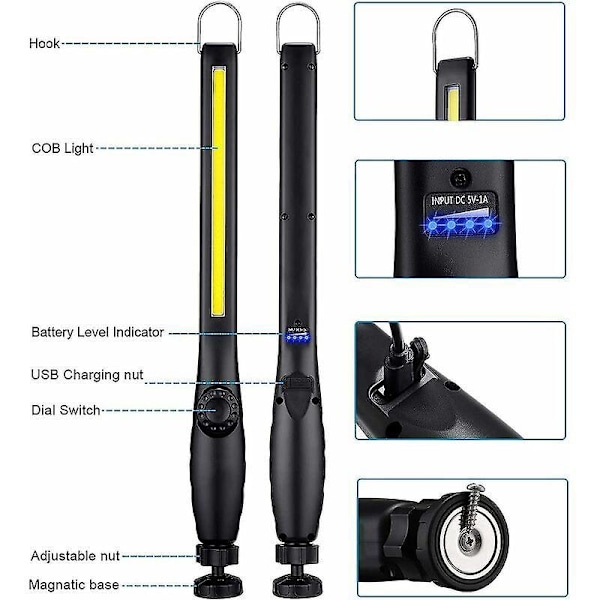 COB LED Arbeidslampe, USB-Ladekontrollampe, Verkstedlykt med Roterende Bryter og Roterende Magnetisk Base og Krok for Bilreparasjon, Hjem