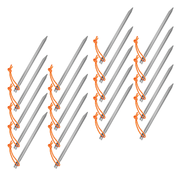 20 kpl telttakiiloja V-muotoisia, raskaita telttakiiloja köysillä ulkoilmaretkeilyyn ja -katoksiin, 9 tuumaa, hopeanvalkoinen