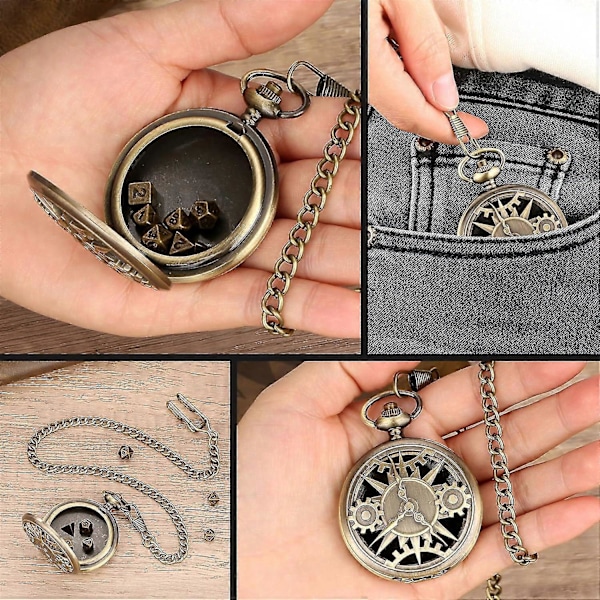Mini DND Tärningsset med Steampunk Brons Ihåligt Fodral för Fickur, 7st Polyedriska Metalltärningar, Dungeons and Dragons Gåvor