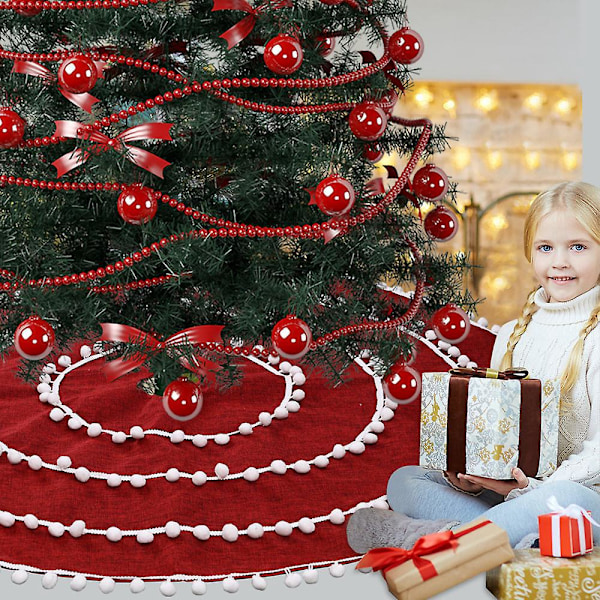 Julgransmatta 122 cm Röd Linne Julgransmattor Med Pom Pom För Juldekorationer