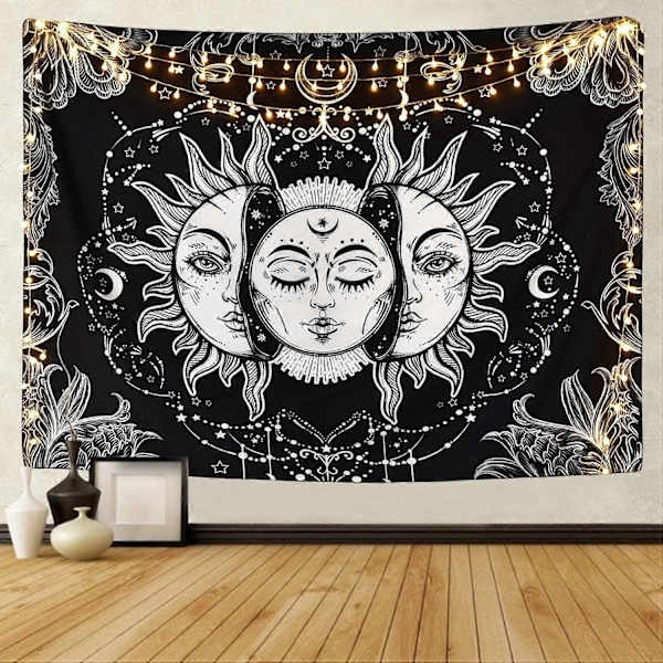 Sol og Måne Gobelin Brændende Sol med Stjerne Gobelin Psykedelisk Gobelin Sort og Hvid Mystisk Gobelin Vægophæng (130 x 150 cm)