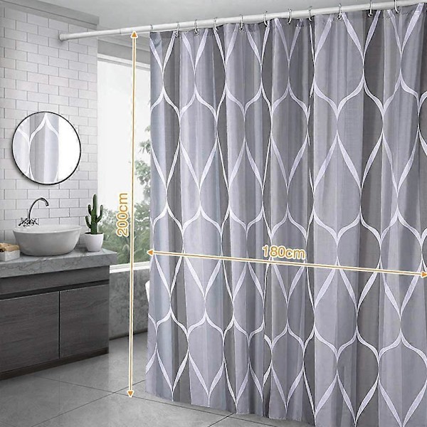 Bruseforhæng, vandtæt og skimmelsikkert polyester badeforhæng til badeværelse eller badekar med 12 rustfrie kroge, 180x200cm